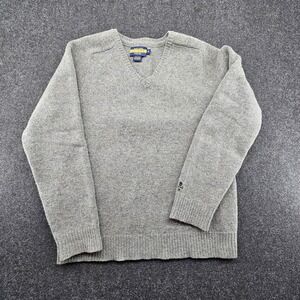 Rugby Ralph Lauren Navy Grey 100% Wool Sweater V Neck Pullover Med Skull&bones